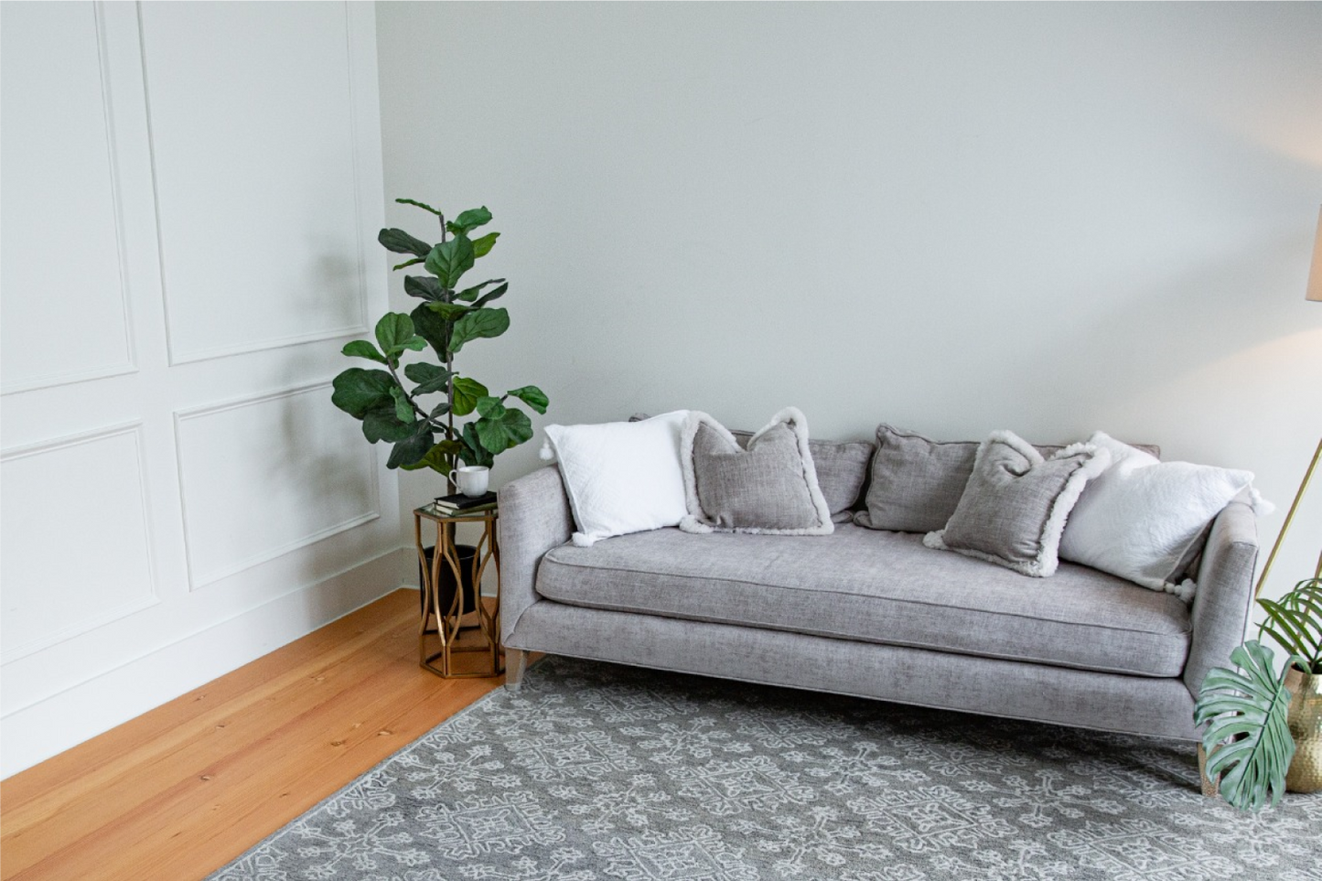 gray living room with engineered douglas fir flooring